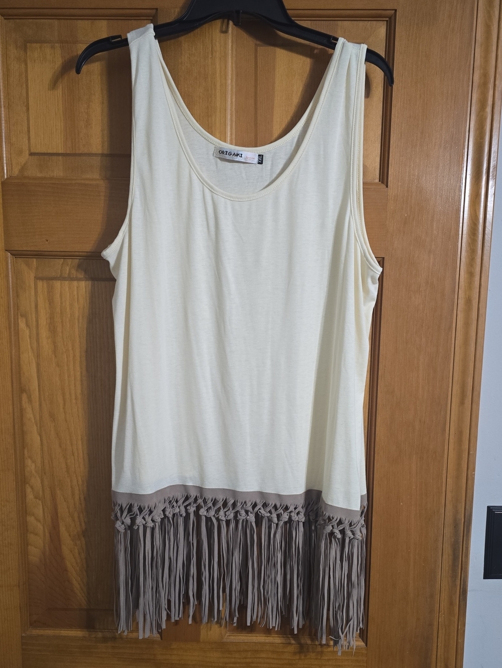 Oragami Cream Tank with Taupe Fringe NWOT